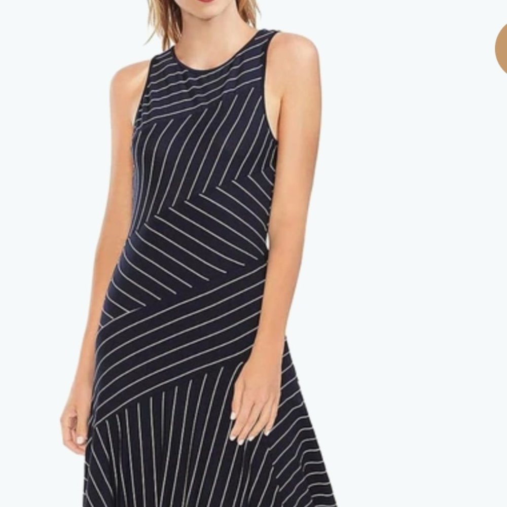 VINCE CAMUTO Blue/White Sleeveless Striped Dress
